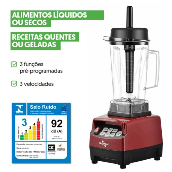**Produto:** Liquidificador Supreme Blender BS2 Copo Tritan Alta Rotação 220v Skymsen

**Descrição:**
O Liquidificador Supreme Blender BS2 é um equipamento de alto desempenho, ideal para ambientes que exigem eficiência e qualidade, como bares, casas de sucos, cozinhas profissionais, hospitais e creches. Desenvolvido pela Skymsen, esse liquidificador é projetado para atender a demandas intensas do setor de food service, permitindo a criação de diversas texturas e sabores em receitas.

**Características:**
- **Limpeza Fácil:** Design que facilita a manutenção e a limpeza do aparelho.
- **Lâminas em Aço Inoxidável:** Conjunto de lâminas com seis pontas, garantindo cortes precisos e eficientes.
- **Rolamentos Duplos Blindados:** Aumenta a durabilidade e a resistência do motor.
- **Copo em Tritan:** Copo ultra resistente que não libera gosto nem cheiro, ideal para preservar a qualidade dos ingredientes.
- **Material em Aço Inoxidável:** Proporciona maior resistência e durabilidade ao produto.
- **Funções Pré-Programadas:** Três funções (35, 60 e 90 segundos) para facilitar o uso em diferentes preparos.
- **Três Velocidades:** Permite ajustes conforme a necessidade da receita.
- **Alta Potência:** Equipamento com potência elevada para processar ingredientes de forma rápida e eficiente.
- **Vedação Perfeita na Tampa:** Evita vazamentos durante o uso.
- **Sistema de Encaixe Sextavado do Eixo:** Proporciona maior segurança e estabilidade durante o funcionamento.

**Especificações Técnicas:**
- **Capacidade:** 2 litros
- **Rotação:** 38.000 RPM
- **Potência:** 3 Cv
- **Voltagem:** 220v
- **Frequência:** 50-60 Hz
- **Consumo:** 1,2 kW/h
- **Peso:** 6 kg
- **Dimensões (AxLxP):** 50 x 20 x 23 cm

**Garantia:**
- 6 meses, conforme as condições do fabricante.

**Observações:**
- Para devoluções, os produtos devem ser enviados em suas embalagens originais. O custo de envio será por conta do comprador em caso de mal uso do produto.

**Atributos e Categorias:**
- Categoria: Eletrodomésticos / Liquidificadores
- Tipo: Liquidificador Profissional
- Material: Tritan, Aço Inoxidável
- Potência: Alta
- Funções: Pré-programadas, Variação de Velocidade
- Uso: Comercial e Residencial
- Capacidade: 2 Litros
- Voltagem: 220v
- Peso: 6 kg
- Dimensões: 50 x 20 x 23 cm
- Garantia: 6 meses