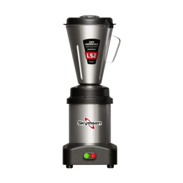 **Produto: Liquidificador Comercial 02 Litros LS 02 Baixa Rotação Bivolt Skymsen**

**Descrição do Produto:**
O Liquidificador Comercial 2 Litros LS 02 Baixa Rotação Bivolt Skymsen é projetado para atender às demandas de cozinhas comerciais, oferecendo alta performance e durabilidade. Com um motor de indução de alto torque, ele é ideal para preparar receitas pesadas, como bolos, sopas, sorvetes e pastas.

**Características:**
- **Copo Monobloco:** Fabricado sem soldas, evitando acúmulo de resíduos e facilitando a limpeza.
- **Material em Aço Inoxidável:** Tanto a base quanto o copo são feitos de aço inoxidável, proporcionando resistência e facilidade de manutenção.
- **Higiene Superior:** O design sem soldas e a perfeita vedação da tampa garantem um processo de mistura higiênico e livre de vazamentos.
- **Acoplamento Metálico:** Equipado com eixo sextavado, assegura estabilidade e eficiência durante o uso.
- **Versatilidade de Uso:** Ideal para uma variedade de preparos, desde bebidas até massas pesadas.
- **Capacidade Recomendada:** Embora a capacidade total seja de 2 litros, recomenda-se utilizar até 40% dessa capacidade (800 ml) para garantir desempenho ideal.

**Especificações Técnicas:**
- **Capacidade:** 2 litros
- **Consumo:** 0,67 kW/h
- **Potência:** 665W
- **Frequência:** 60 Hz
- **Voltagem:** Bivolt (suporta 110V e 220V)
- **Peso:** 9 kg
- **Rotações por Minuto:** 3500 RPM
- **Dimensões (AxLxP):** 64 cm x 24 cm x 27 cm

**Garantia:**
- **Período:** 6 meses, a partir da data de emissão da Nota Fiscal.
- **Cobertura:** Garantia contra defeitos de fabricação, conforme previsto no Código de Defesa do Consumidor.

**Observações:**
- O modelo do botão de liga/desliga pode variar conforme a disponibilidade da fábrica, sem afetar o funcionamento do equipamento.
- Contato com o Serviço de Atendimento ao Cliente (SAC) disponível para formalização de reclamações sobre defeitos dentro do período de garantia. 

Este liquidificador é uma escolha robusta e confiável para qualquer cozinha comercial que busca eficiência e durabilidade em seus equipamentos.