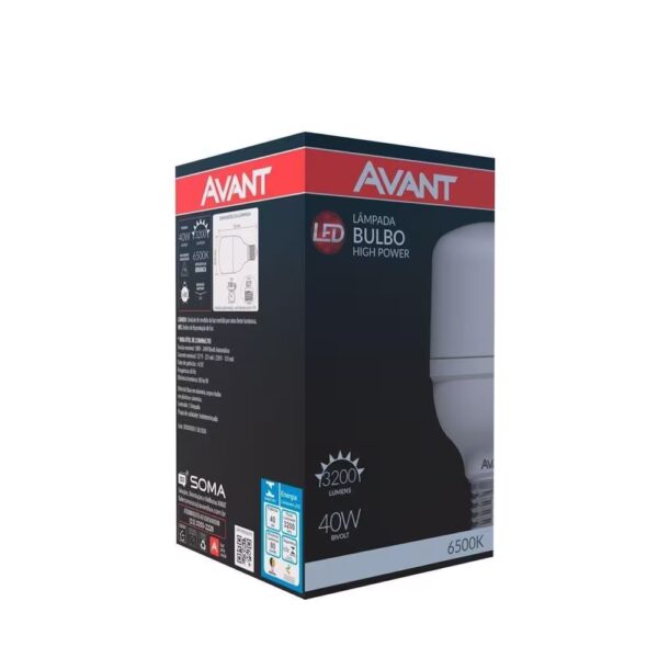 **Product Description: Lâmpada LED Avant 40W E27 6,500K White** The Avant LED bulb offers a robust lighting solution with distinctive technical and functional features. Designed to fit standard E27 sockets, it operates efficiently with a power rating of 40 watts. The bulb emits a bright light at a color temperature of 6,500 Kelvin, producing a cool white illumination ideal for environments requiring clear visibility. **Material and Design:** This LED bulb features a durable design with materials that ensure longevity and stability. Its construction is likely composed of sturdy plastic and metal components that provide heat dissipation and electrical safety. The bulb's exterior design is sleek and modern, making it suitable for both residential and commercial settings. **Technical Specifications:** - **Brightness**: The lamp delivers a luminous flux of 3,200 lumens, providing high-intensity light suitable for large spaces. - **Lifetime**: Engineered for durability, it boasts an impressive lifespan of up to 25,000 hours, significantly reducing the need for frequent replacements. - **Voltage Compatibility**: This bulb is bivolt, meaning it can operate on both 127V and 220V power supplies, adding to its versatility. - **Socket Type**: Equipped with an E27 base, this bulb is compatible with a wide range of lighting fixtures. **Functionality:** - **Energy Efficiency**: As an LED product, it consumes less electricity compared to traditional incandescent bulbs while offering higher brightness. - **High Power Output**: Designed as a high-power lighting solution, this bulb is ideal for areas where strong illumination is necessary, such as workshops, garages, and large rooms. - **Instant On**: Provides immediate full brightness without a warm-up period, ensuring efficient performance from the moment it is switched on. This LED bulb from Avant is engineered for users seeking reliable, energy-efficient lighting that delivers powerful illumination and long-lasting performance.