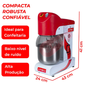 **Batedeira Planetária BP 12 RP 220v G Paniz** **Descrição Detalhada:** **Estrutura e Materiais:** - A Batedeira Planetária BP 12 RP é fabricada em aço carbono com pintura epóxi, o que garante durabilidade e resistência. A cuba é feita de aço inox, característica que facilita a limpeza e oferece alta durabilidade e proteção contra corrosão. **Design e Construção:** - O design compacto, robusto e confiável torna o equipamento ideal para confeitarias e padarias de pequeno e médio porte. Apresenta uma tampa resistente em polipropileno, além de um protetor de cuba em policarbonato transparente que permite a adição de ingredientes durante o funcionamento. **Capacidade e Funcionalidade:** - Possui uma tigela com capacidade de 12 litros, adequada para o preparo de massas leves, bolos, sorvetes, panquecas, cremes, marshmallow e glacês. - Equipamento acompanha três modelos de batedores (globo, raquete, gancho) que proporcionam versatilidade ao lidar com diferentes tipos de misturas. **Componentes Técnicos:** - A transmissão é feita por uma caixa de redução autolubrificante, o que reduz a necessidade de manutenção frequente. - Operação em 220 volts, com potência de 1/2 cv, e consumo energético de aproximadamente 0,38 kW/h. - Sistema de troca de velocidade através de um inversor de frequência, oferecendo quatro velocidades diferentes, adaptáveis às necessidades do preparo. - Equipado com um motor potente e econômico, garantindo eficiência energética. - Sistema de segurança conforme a NR12, incluindo pés antiderrapantes e luz indicadora de funcionamento. **Dimensões e Peso:** - Medindo 72 cm de altura, 33 cm de largura, e 55 cm de profundidade, com um peso total de 34 kg. **Garantia:** - Oferece 6 meses de garantia, a partir da emissão da Nota Fiscal, com suporte técnico disponível para eventuais defeitos. Esta batedeira destina-se a exigentes produções industriais na confeitaria, unindo segurança, eficiência e alta capacidade produtiva.