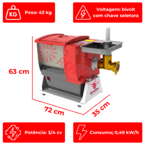 Amassadeira Semi Rápida Conjugada AELI-520 Bivolt da Braesi é um equipamento versátil ideal para o preparo de massas de pães, pizzas, cucas, panquecas e outros alimentos similares. ### Material e Design - **Estrutura:** Construída em aço carbono com pintura epóxi na cor vermelha, garantindo durabilidade e resistência. - **Cuba e Bandeja:** Feitas em aço inox, proporcionando higiene e facilidade na limpeza. - **Bocal:** Produzido em ferro fundido com acabamento em estanho, assegurando resistência ao desgaste e preservação do sabor dos alimentos. - **Cuba Basculante:** Facilita a retirada da massa após o processo de mistura. ### Funcionalidades - **Extrusora Acoplada:** Permite a confecção de diversas formas de massas, incluindo espaguete fino, médio e grosso, macarrão, agnolini, tagliarin e biscoitos variados. - **Versatilidade:** Equipamento conjugado que pode, opcionalmente, incluir um kit para moedor de carne (vendido separadamente). - **Acompanham:** Socador para auxiliar no manuseio dos ingredientes. ### Especificações Técnicas - **Capacidade:** Suporta até 5 kg de massa. - **Potência:** Motor com 3/4 cv, ideal para operações semi-rápidas. - **Consumo Elétrico:** 0,49 kW/h, eficiente no uso de energia. - **Voltagem:** Bivolt, com chave seletora para fácil adaptação à rede elétrica disponível. - **Dimensões:** Medindo 63 cm de altura, 72 cm de largura e 35 cm de profundidade. - **Peso:** Total de 43 kg, assegurando estabilidade durante o uso. ### Garantia - **Cobertura:** Garantia de 6 meses contra defeitos de fabricação, conforme estipulado pelo Código de Defesa do Consumidor. Este produto é ideal para estabelecimentos que buscam eficiência e qualidade na produção de diversas massas com um equipamento robusto e durável.