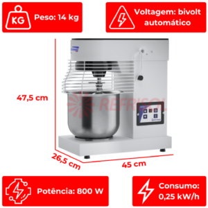 **Batedeira Planetária 05 Litros BP 05 G2 Bivolt Gastromaq** A Batedeira Planetária BP 05 da Gastromaq é um equipamento robusto e eficiente, ideal para uso em cozinhas industriais, panificadoras, e confeitarias. Destinada à fabricação de massas leves e médias, oferece qualidade e rapidez em misturas homogêneas. **Características Técnicas:** - **Capacidade:** 5 litros, permitindo produção de até 5 kg de massa. - **Potência:** Equipado com um motor de 800 W, proporcionando economia e desempenho silencioso. O consumo energético é de 0,25 kW/h. - **Voltagem:** Bivolt automático, garantindo versatilidade e adequação a diferentes redes elétricas. - **Velocidades:** Inclui um painel digital com 10 velocidades ajustáveis eletronicamente para diferentes tipos de preparação. **Design e Materiais:** - **Estrutura:** Feita em aço carbono com pintura epóxi, a estrutura é resistente e garante estabilidade durante o uso. - **Cuba:** Removível, feita de aço inoxidável, sem alça, facilitando a limpeza e a manipulação dos ingredientes. - **Batedores:** Vem com 3 batedores em alumínio, adequados para diversos tipos de receitas de massas médias e leves. - **Sistema Planetário:** Garante uma mistura rápida e homogênea, essencial para preparações profissionais. **Funcionalidades Adicionais:** - **Grade de Proteção:** Apresenta uma grade pintada com epóxi, que permite a adição segura de ingredientes enquanto a máquina está em operação. - **Sistema de Abertura:** Tipo basculante, que facilita a remoção da cuba e dos batedores. - **Pés em Borracha:** Oferecem aderência e evitam deslocamentos indesejados durante o uso. **Dimensões e Peso:** - **Dimensões:** 47,5 cm de altura, 26,5 cm de largura, e 45 cm de profundidade. - **Peso:** 14 kg, garantindo estabilidade e robustez. **Garantia:** O produto inclui uma garantia de fábrica de 6 meses, conforme normas do Código de Defesa do Consumidor, com suporte através do Serviço de Atendimento ao Cliente (SAC). Esta batedeira é uma opção versátil para profissionais de confeitaria, além de ser uma escolha prática e eficaz para donas de casa que produzem doces e salgados para venda.