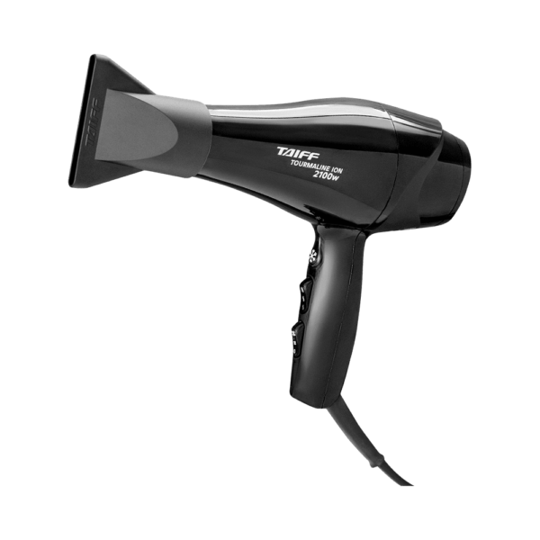 Secador de cabelo com design ergonômico e moderno, predominantemente na cor preta, construção em material plástico resistente ao calor. Possui motor potente com capacidade de 2100 watts, proporcionando secagem rápida e eficiente. Apresenta tecnologia de íons turmalina que ajuda a selar as cutículas do cabelo, reduzindo o frizz e agregando brilho. O bocal direcionador em formato de concentrador é removível, permitindo maior precisão no direcionamento do fluxo de ar. O cabo é comprido e flexível, facilitando o manuseio durante o uso. O produto é equipado com várias configurações de velocidade e temperatura, permitindo ajustes personalizados conforme a necessidade do usuário. Possui alça para pendurar e botão de ar frio para finalizar penteados e fixar melhor os estilos. Ideal para uso profissional e doméstico, combina durabilidade com eficiência energética.