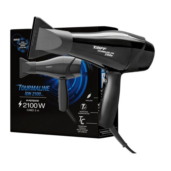 **Secador de Cabelo Taiff Tourmaline Íon 2100W** - **Potência e Eficiência Energética:** Equipado com um motor de alta potência de 2100W, o secador oferece uma secagem rápida e eficiente, ideal para uso doméstico e profissional. - **Tecnologia de Íons Negativos:** A tecnologia de íons negativos ajuda a selar as cutículas dos fios, mantendo a hidratação e reduzindo o frizz, resultando em um cabelo mais brilhoso e saudável. - **Material e Design:** Construído em policarbonato de alta qualidade, apresenta um design ergonômico para garantir conforto e facilidade de uso. Disponível na cor preta com detalhes em cinza, conferindo um visual moderno e sofisticado. - **Configurações de Calor e Velocidade:** Oferece múltiplas configurações de temperatura e velocidade, permitindo um controle preciso sobre o estilo e a textura desejada do cabelo. - **Cabo de Alimentação:** Possui um cabo de 3 metros de comprimento, proporcionando mobilidade e flexibilidade durante o uso. - **Acessórios e Funcionalidades Especiais:** Inclui um bico direcionador que concentra o fluxo de ar para um acabamento mais preciso e estilizado. - **Baixo Nível de Ruído:** Operação com ruído reduzido, garantindo uma experiência mais silenciosa e confortável. - **Proteção Térmica e Segurança:** Incorporado com proteção contra superaquecimento, assegurando a segurança durante a operação prolongada. - **Dimensões e Peso:** Compacto e leve, facilitando o manuseio, transporte e armazenamento. Este secador é ideal para quem busca aliar tecnicidade e funcionalidade com resultados profissionais.