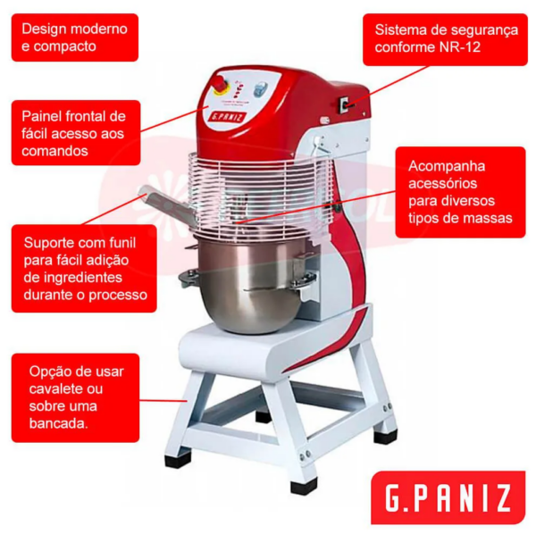 Batedeira Planetária BP 18 da G Paniz **Descrição Técnica:** A Batedeira Planetária BP 18 é projetada para atender demandas profissionais, combinando eficiência e durabilidade. Este equipamento possui um design moderno e compacto, trazendo um visual atrativo e funcional para cozinhas industriais. **Materiais e Construção:** - **Estrutura:** Fabricada em aço carbono com pintura epóxi, garantindo resistência à corrosão e durabilidade prolongada. - **Acessórios:** Inclui raquete, gancho e globo. A raquete e o gancho são feitos de alumínio fundido, enquanto o globo possui suporte em alumínio fundido e arames em aço inoxidável. **Dimensões e Peso:** - **Capacidade do Bowl:** 18 litros. - **Dimensões do Equipamento:** 124 cm de altura, 55 cm de largura e 69 cm de comprimento. - **Peso:** 95 kg. **Funcionalidade:** - **Velocidades:** Equipado com 4 velocidades ajustáveis via inversor de frequência, oferecendo operação silenciosa e prolongando a vida útil do motor. - **Potência:** Motor de 1 cv, com um consumo de energia de 0,73 kW/h. - **Voltagem:** Operação em 220 V. **Design e Usabilidade:** - **Painel Frontal de Acesso Fácil:** Permite ajustes rápidos e intuitivos durante o uso. - **Funil Integrado:** Facilita a adição de ingredientes enquanto a máquina está em operação, otimizando o fluxo de trabalho. - **Conformidade com NR12:** Atende as normas de segurança, proporcionando um uso seguro em ambientes industriais. **Garantia e Suporte:** - **Garantia:** 6 meses contra defeitos de fabricação, a partir da data de emissão da Nota Fiscal. - **Suporte ao Cliente:** Disponível para assistência na constatação de defeitos. Esta batedeira é ideal para o preparo de massas variadas, como panquecas, bolos, glacês e merengues, oferecendo versatilidade e robustez indispensáveis em uma cozinha profissional.