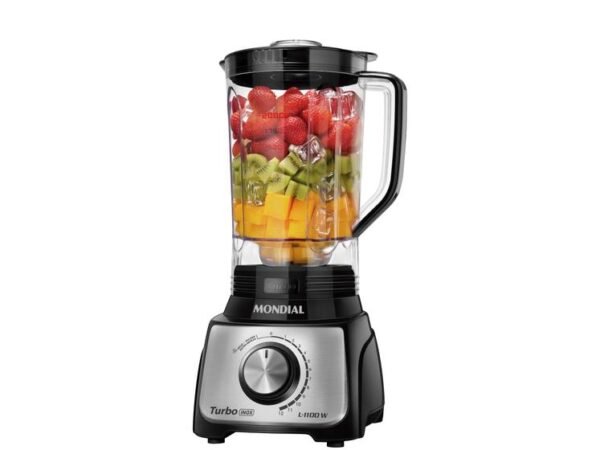 Liquidificador Mondial Turbo Inox L-1100 BI - Preto com Filtro 12 Velocidades 1100W **Descrição do Produto:** - **Material:** O corpo do liquidificador é fabricado em aço inoxidável escovado, proporcionando durabilidade e resistência à corrosão. O copo é em plástico BPA-free, aumentando a segurança e a saúde no armazenamento de alimentos. - **Características Físicas:** O design é moderno e elegante, na cor preta com detalhes em inox, o que o torna um item de destaque na sua cozinha. O copo possui capacidade de 2 litros, ideal para preparar grandes quantidades de bebidas ou pratos. - **Dimensões:** O liquidificador apresenta uma altura de aproximadamente 39 cm, largura de 20 cm e profundidade de 22 cm, ocupando um espaço moderado na bancada. - **Potência e Velocidades:** Com um motor potente de 1100W, o liquidificador oferece eficiência e rapidez em suas funções. Possui 12 velocidades ajustáveis, permitindo o controle preciso de textura e consistência para diversas receitas, desde smoothies a sopas. - **Função Turbo:** A opção Turbo proporciona um desempenho extra em momentos de maior necessidade de potência, ideal para triturar alimentos mais densos ou gelo. - **Filtro Integrado:** O liquidificador conta com um filtro para a separação de polpas, permitindo preparar sucos e bebidas mais suaves, de acordo com a preferência do usuário. - **Facilidade de Uso:** O painel de controle possui uma interface intuitiva, com um botão giratório que facilita a seleção de velocidade e a ativação da função turbo. - **Segurança:** Equipado com sistema de segurança que impede o funcionamento do motor caso o copo não esteja corretamente instalado, garantindo proteção ao usuário. - **Facilidade de Limpeza:** A maioria das partes são removíveis e laváveis, o que torna a limpeza rápida e prática, contribuindo para a manutenção da higiene. - **Aplicações:** Ideal para a preparação de smoothies, sucos, vitaminas, sopas e molhos, além de poder triturar gelo e processar alimentos variados. Este liquidificador combina potência, design moderno e funcionalidades práticas, tornando-se uma ferramenta essencial para a cozinha.