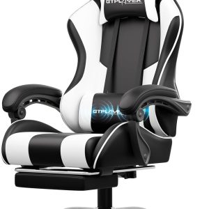 Product Name: GTPLAYER Gaming Chair Physical Attributes: - Color: White and Black - Material: High-quality PU leather, FSC-Certified wood, metal frame - Size: 22D x 20W x 51H Inches - Weight: 40.5 pounds Design Details: - Style: Faux Leather - Shape: Round - Pattern: Geometric - Back Style: Solid Back - Arm Style: With arms - Leg Style: Saber Leg Functional Attributes: - Usage: Indoor, Office, Game Recreation Room - Features: Adjustable Height, Foot Rest, Swivel, Head Support, Adjustable Lumbar, Arm Rest, Ergonomic, Rolling - Chair Type: Recliner - Backrest Width: 22 Inches - Seat Depth: 20 Inches - Seat Height: 22 Inches - Arm Height: 31.5 Inches - Indoor/Outdoor Usage: Indoor - Furniture Finish: Leather - Seat Back Interior Height: 82 Centimeters Category Information: - Best Sellers Rank: #1,261 in Home & Kitchen, #2 in Video Game Chairs - Item Model Number: GT800A - ASIN: B0BBPRZHRX - Recommended Uses: Office, Relaxing, Gaming Care Instructions: - Product Care Instructions: Wipe Clean Brand: GTPLAYER