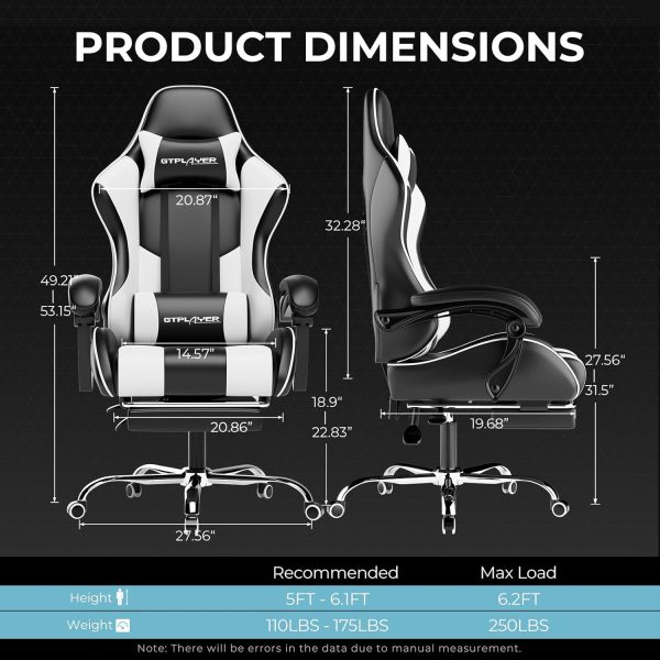 Product Name: GTPLAYER Gaming Chair Physical Attributes: - Color: White and Black - Material: High-quality PU leather, FSC-Certified wood, metal frame - Size: 22D x 20W x 51H Inches - Weight: 40.5 pounds Design Details: - Style: Faux Leather - Shape: Round - Pattern: Geometric - Back Style: Solid Back - Arm Style: With arms - Leg Style: Saber Leg Functional Attributes: - Usage: Indoor, Office, Game Recreation Room - Features: Adjustable Height, Foot Rest, Swivel, Head Support, Adjustable Lumbar, Arm Rest, Ergonomic, Rolling - Chair Type: Recliner - Backrest Width: 22 Inches - Seat Depth: 20 Inches - Seat Height: 22 Inches - Arm Height: 31.5 Inches - Indoor/Outdoor Usage: Indoor - Furniture Finish: Leather - Seat Back Interior Height: 82 Centimeters Category Information: - Best Sellers Rank: #1,261 in Home & Kitchen, #2 in Video Game Chairs - Item Model Number: GT800A - ASIN: B0BBPRZHRX - Recommended Uses: Office, Relaxing, Gaming Care Instructions: - Product Care Instructions: Wipe Clean Brand: GTPLAYER