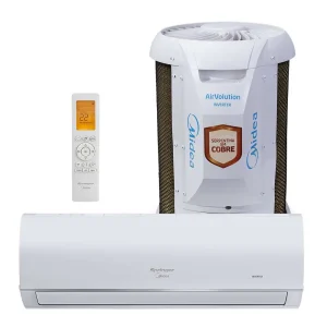 **Product Description: Midea Split Air Conditioner 12000 BTU (Model Easm12000fi)** **Physical Characteristics:** - **Design Type:** Split system air conditioner comprising two main units: an indoor air handling unit and an outdoor compressor unit. - **Color:** Predominantly white with branding and design elements in blue and gold. - **Dimensions:** Compact design suitable for residential or light commercial spaces, allowing for flexible installation. Specific dimensions would need to be verified in the technical specifications. **Technical Specifications:** - **Cooling Capacity:** 12000 BTU, appropriate for medium-sized rooms. - **Compressor Type:** Inverter technology, which provides energy-efficient cooling by adjusting the compressor's speed based on demand. - **Refrigerant Type:** Typically uses environmentally friendly refrigerants, optimizing cooling efficiency while minimizing environmental impact. - **Copper Coils:** The outdoor unit features copper coils (highlighted by a gold badge), which enhance heat exchange efficiency and durability. **Functional Features:** - **Operating Modes:** Typically includes multiple modes such as cooling, heating, dehumidification, and fan-only functions for versatile climate control throughout the year. - **Remote Control:** Comes with a remote control for convenience, allowing users to adjust settings such as temperature, mode, and fan speed from across the room. - **Temperature Display:** The remote features a clear digital display to show the current temperature setting (22°C indicated). - **Filter System:** Includes a washable air filter to improve air quality and ease of maintenance. **Additional Features:** - **Energy Efficiency:** Designed to meet high energy efficiency ratings, contributing to lower electricity costs and consumption. - **Noise Levels:** Operates at low noise levels, making it suitable for bedrooms and living areas. - **Warranty:** Typically offers a manufacturer warranty which may cover parts and labor, enhancing customer confidence. This product is suited for residential users seeking an efficient and quiet air conditioning solution that combines technology with user-friendly features.