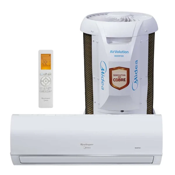 **Product Description: Midea Split Air Conditioner 12000 BTU (Model Easm12000fi)** **Physical Characteristics:** - **Design Type:** Split system air conditioner comprising two main units: an indoor air handling unit and an outdoor compressor unit. - **Color:** Predominantly white with branding and design elements in blue and gold. - **Dimensions:** Compact design suitable for residential or light commercial spaces, allowing for flexible installation. Specific dimensions would need to be verified in the technical specifications. **Technical Specifications:** - **Cooling Capacity:** 12000 BTU, appropriate for medium-sized rooms. - **Compressor Type:** Inverter technology, which provides energy-efficient cooling by adjusting the compressor's speed based on demand. - **Refrigerant Type:** Typically uses environmentally friendly refrigerants, optimizing cooling efficiency while minimizing environmental impact. - **Copper Coils:** The outdoor unit features copper coils (highlighted by a gold badge), which enhance heat exchange efficiency and durability. **Functional Features:** - **Operating Modes:** Typically includes multiple modes such as cooling, heating, dehumidification, and fan-only functions for versatile climate control throughout the year. - **Remote Control:** Comes with a remote control for convenience, allowing users to adjust settings such as temperature, mode, and fan speed from across the room. - **Temperature Display:** The remote features a clear digital display to show the current temperature setting (22°C indicated). - **Filter System:** Includes a washable air filter to improve air quality and ease of maintenance. **Additional Features:** - **Energy Efficiency:** Designed to meet high energy efficiency ratings, contributing to lower electricity costs and consumption. - **Noise Levels:** Operates at low noise levels, making it suitable for bedrooms and living areas. - **Warranty:** Typically offers a manufacturer warranty which may cover parts and labor, enhancing customer confidence. This product is suited for residential users seeking an efficient and quiet air conditioning solution that combines technology with user-friendly features.