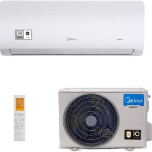 Product Name: Ar-Condicionado Split HW Inverter Springer Midea Xtreme Save Connect 9.000 BTUs R-32 Só Frio 220V Description: Compressor inverter. Specifications: - Energy Source: Electric (wired) - Special Features: Inverter compressor - ASIN: ‎B0CKG2TCX9 - Manufacturer Reference: 38AGVCI09M5 | 42AGVCI09M5 - Customer Ratings: 4.3 out of 5 stars (62 reviews) - Popularity Ranking: #289 in Home; #2 in Split Air Conditioners - Available since: October 4, 2023 Brand: Midea Visual Attributes: - Color: Predominantly white with some gray elements - Design: Split system with a wall-mounted indoor unit and an outdoor unit - Components: Indoor unit, outdoor compressor unit, remote control Functional Aspects: - Capacity: 9.000 BTUs - Type: Split air conditioner, cooling only Differentiators: - Inverter technology for energy efficiency - Remote control with a visible digital display showing temperature settings This product is categorized under: - Kitchen > Home > Air & Ventilation > Air Conditioners > Split Air Conditioners