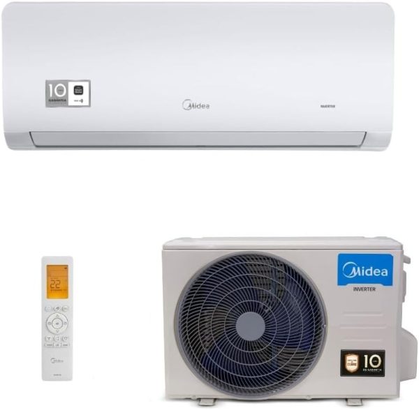 Product Name: Ar-Condicionado Split HW Inverter Springer Midea Xtreme Save Connect 9.000 BTUs R-32 Só Frio 220V Description: Compressor inverter. Specifications: - Energy Source: Electric (wired) - Special Features: Inverter compressor - ASIN: ‎B0CKG2TCX9 - Manufacturer Reference: 38AGVCI09M5 | 42AGVCI09M5 - Customer Ratings: 4.3 out of 5 stars (62 reviews) - Popularity Ranking: #289 in Home; #2 in Split Air Conditioners - Available since: October 4, 2023 Brand: Midea Visual Attributes: - Color: Predominantly white with some gray elements - Design: Split system with a wall-mounted indoor unit and an outdoor unit - Components: Indoor unit, outdoor compressor unit, remote control Functional Aspects: - Capacity: 9.000 BTUs - Type: Split air conditioner, cooling only Differentiators: - Inverter technology for energy efficiency - Remote control with a visible digital display showing temperature settings This product is categorized under: - Kitchen > Home > Air & Ventilation > Air Conditioners > Split Air Conditioners