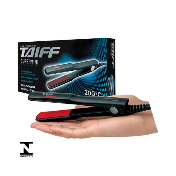 **Product Description:** - **Product Type:** Mini Hair Straightener - **Brand:** Taiff - **Model:** Supermini - **Physical Dimensions:** Compact design suitable for easy handling; can be held comfortably in one hand (dimensions not specified). - **Material:** High-quality plastic casing with aluminum plates for even heat distribution. - **Color:** Predominantly black with red accents on the straightening plates. - **Heating Technology:** The straightener reaches a maximum temperature of 200°C (392°F), promoting quick and efficient styling. - **Plate Size:** Narrow plates designed for precision, particularly useful for shorter hair, fringes, or detailing. - **Weight:** Lightweight design enhancing portability, ideal for travel or quick styling sessions. - **Cord:** Equipped with a flexible, durable power cord allowing for ease of movement during use. - **Power:** Suitable for professional settings and personal use, ensuring robust performance for various hair types. - **Additional Features:** - Fast heating time allows for immediate use. - Ergonomic design for comfortable handling. - Suitable for creating both straight styles and controlled curls. - **Certification:** Complies with quality and safety standards, indicated by INMETRO certification. This detailed description emphasizes the technical and functional attributes of the Taiff Supermini hair straightener, suitable for product categorization and customer education.
